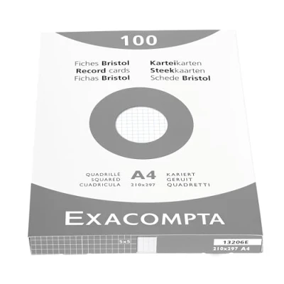 Abbildung von Exacompta 13206E Packung (mit 100 Karteikarten, ungelocht, DIN A4, 21 x 29,7 cm, 205 g, kariert, ideal für die Schule) 1er Pack weiß