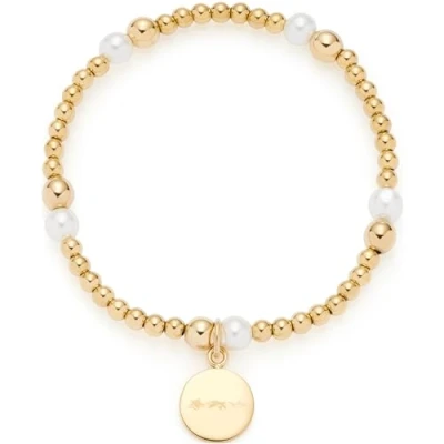Abbildung von Leonardo Jewels Armband Mathilde, elastischer Arm Schmuck aus goldfarbenen Edelstahl Perlen, Imitationsperlen und Münzplättchen, 19,5 cm Länge, 024275