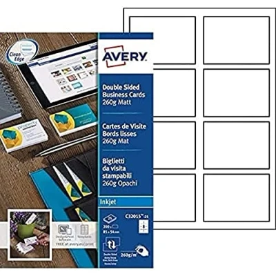 Abbildung von AVERY Zweckform C32015 25 Premium Visitenkarten, blanko (200 Stück, 260g, 85x54 mm, beidseitig bedruckbar, matt weiß, absolut glatte Kanten, Blatt) zum Selbstbedrucken auf Inkjet Druckern