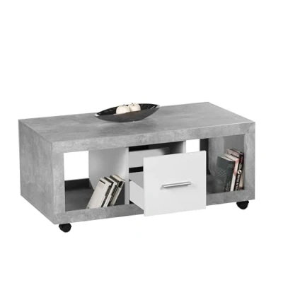 Abbildung von STONE Moderner Couchtisch auf Rollen in Beton Optik, Weiß mobiler Sofatisch mit Ablagefächern &amp; Schubladen für Ihren Wohnbereich 115 x 50 60 cm (B/H/T)