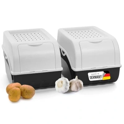 Abbildung von Novaliv Kartoffel Aufbewahrungsbox 2x mitel 5L Weiss Kartoffelbox Gemüsebox stapelbar Zwiebelbox Kartoffelkorb Obstbehälter Kartoffelkiste Zwiebel Aufbewahrung Frischhaltedose Möhren