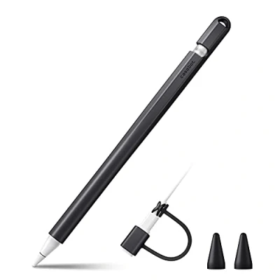 Abbildung von Fintie Silikon Hülle Kompatibel mit Apple Pencil (1. Generation) Ultra leichte Stifttasche, weiche schützende Griffhalterung 2 Spitzenabdeckung und 1 Cable Adapter Tether, Schwarz