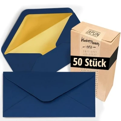 Abbildung von Japun Briefumschläge (50 Stück), Kuvert, Umschlag ohne Fenster DIN lang 220 x 110 mm innen: Gold Papier Farbe: blau