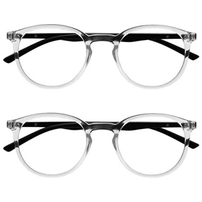 Abbildung von OPULIZE Met Lesebrille Blaulichtfilter 2er Pack Schlank Runder Rahmen Federscharniere Verbessert Schlaf Computer Gaming Entspiege Transparent Schwarze Bügel Herren Damen BB60 C +2.00