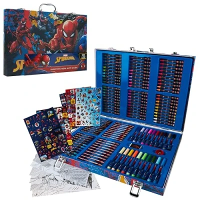 Abbildung von Marvel Avengers Spiderman Malkoffer mit 130 Teilen Stifte im Koffer Ausmalbögen Buntstifte für Kinder Schulbedarf (Mehrfarbig Spiderman)