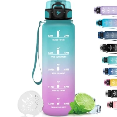 Abbildung von Grsta Trinkflasche 1L, Sport mit Filter, Auslaufsicher, Leicht zu Reinigen, Gym Zeitmarkierung, für Schule, Camping, Outdoor, Wandern