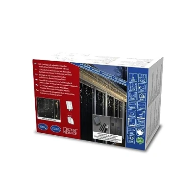 Abbildung von Konstsmide LED Solar Eisregen Lichtervorhang, fernbedienbar, 200 bernsteinfarbene Dioden, Außen, weißes Kabel, 2 x Lithium Akku / 1 CR2025 (inkl.) 2777 802SP