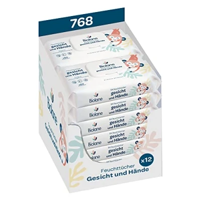 Abbildung von BIOLANE Baby Feuchttücher für Gesicht und Hände Packung mit 12 x 64 (768 Feuchttücher) ab der Geburt Formel zu 97% natürlichen Ursprungs Alkoholfrei Kein Nachspülen
