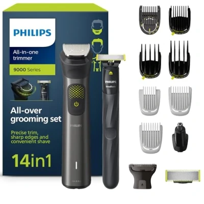 Abbildung von Philips Multigroom Series 9000, 14 in One Barttrimmer und Haarschneider mit OneBlade, 2x Originalklingen für Gesicht, Kopf Körper, 27 Längeneinstellungen (0.2 20 mm)(Modell MG9550/15)