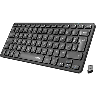 Abbildung von Arteck Kabellose Tastatur, Deutsches QWERTZ Layout wiederaufladbare USB Anschluss 2,4 GHz Kabellos Tastatur mit Multimedia Tasten, Kompatibel PC, Computer, Notebook, Laptop, Windows 11, 10, 8