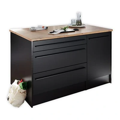Abbildung von JAZZ Moderne Kücheninsel mit Arbeitsplatte freistehend in Schwarz matt, Lanzelot Eiche Optik Geräumiger Küchenschrank 145 x 90 cm (B/H/T)