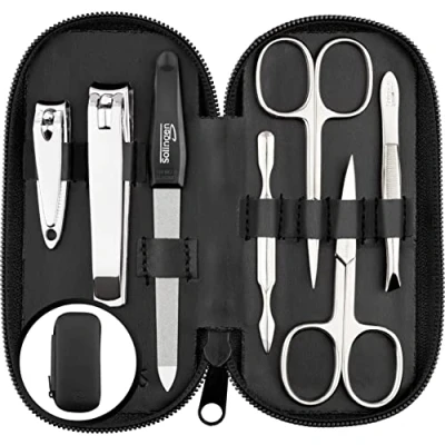 Abbildung von Maniküre Set Solingen Vergleichssieger mit Top Preis/Leistung Echt Leder Etui handlich und weich 7teiliges Nagelset für Damen Herren marQus aus glanzvernickeltem poliertem Stahl