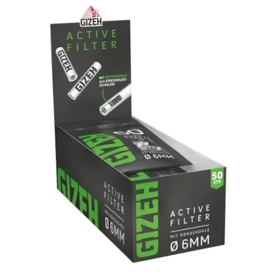 Abbildung von GIZEH BLACK Active Filter Aktivkohlefilter slim 6 mm Durchmesser mit Aktivkohle aus Kokosschale 27 Länge 10 Beutel á 50