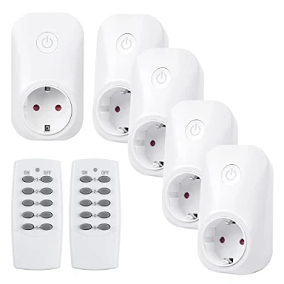Abbildung von HBN Funksteckdosen Set aus 5 Steckdosen mit 2 Fernbedienungen, 3680W Ferngesteuerte Stecker für Innen Weihnachtsdeko, Haushaltsgeräte, Reichweite 30m, Weiß