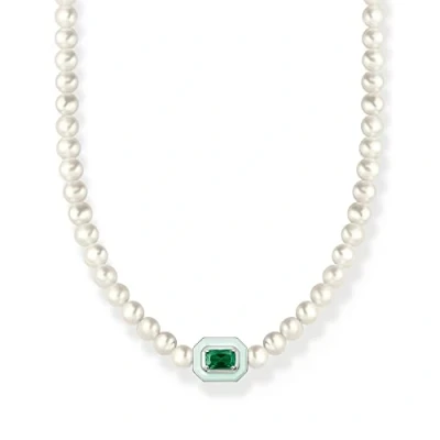Abbildung von Thomas Sabo Damen Choker mit weißen Perlen und grünem Stein, aus 925er Sterlingsilber runden Süßwasserzuchtperlen, Länge 42cm, KE2183 082 6 L42v