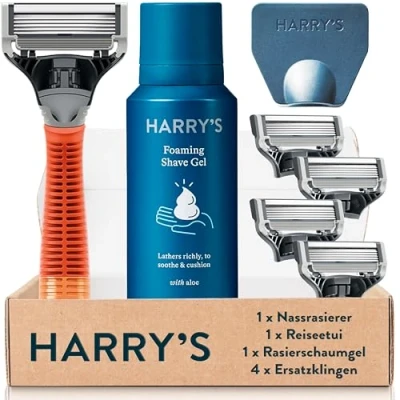 Abbildung von Harry’s Nassrasierer für Männer Rasier Set mit orangefarbenem Griff, 4 Ersatz Rasierklingen, Reise Klingen Cover, 60ml Rasiergel Rasierer, Rasierklingen Herren,