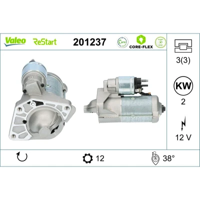 Abbildung von VALEO 201237 Anlasser 12V 2kW 12 NO R 75 RENAULT: Trafic 3, MEGANE NISSAN: Qashqai / Qashqai+2 I, OPEL: Vivaro B Combi