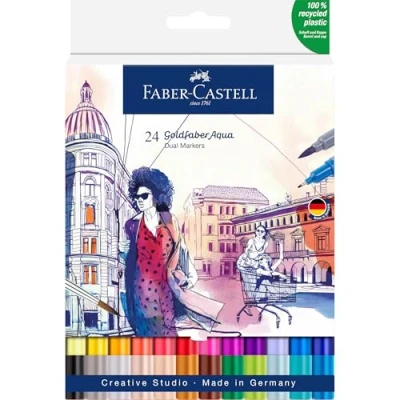 Abbildung von FABER CASTELL 164624 Goldfaber Aqua Dual Marker, mit Pinselspitze und Fineliner Spitze, 24er Etui