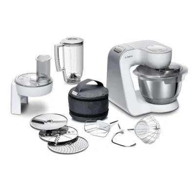 Abbildung von Bosch Küchenmaschine MUM5 CreationLine MUM58W20, Edelstahl Schüssel 3,9 L, Mixer 1,25 Planetenrührwerk, Knethaken, Schlag und Rührbesen Edelstahl, Durchlaufschnitzler, 3 Scheiben, 1000 W, weiß