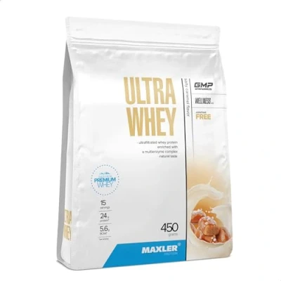 Abbildung von Maxler Ultra Whey Protein 24 g pro Portion Reines Pulver Molkenprotein Konzentrat, Isolat, Hydrolysat Mit BCAA Salziges Karamell 450g