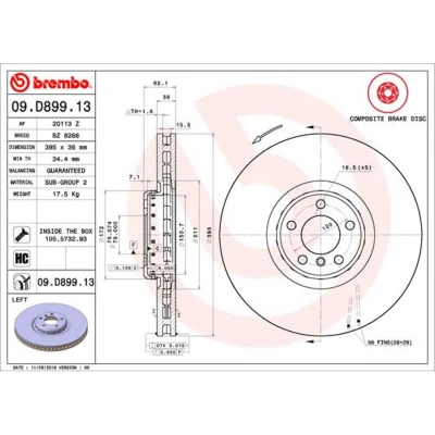 Abbildung von BREMBO 09.D899.13 Bremsscheibe 395 36 5 innenbelüftet, Verbundbremsscheibe beschichtet hochgekohlt mit Schrauben BMW: X5, X6