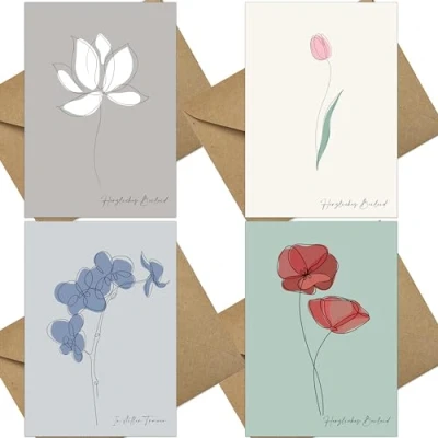 Abbildung von the lazy panda card company 12 abstrakte Blumen Trauerkarten mit Umschlägen Hergestellt aus recyceltem Papier: Orchidee, Mohnblumen, Lotusblumen, Tulpen