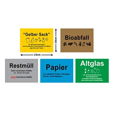 Abbildung von 5 Stück Mülltrennung Aufkleber Gelber Sack/Restmüll/Altpapier/Biomüll/Altglas 15 x 10 cm Recycling mit UV Schutz für Außenbereich Innenbereich