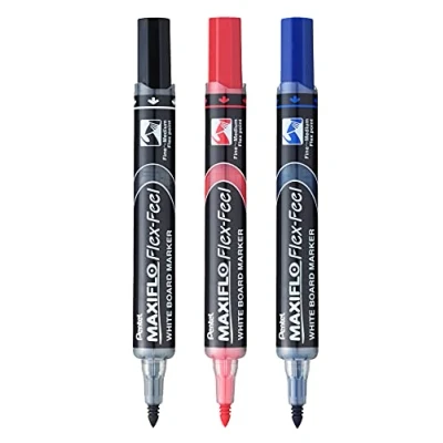 Abbildung von Pentel MWL5SBF Maxiflo Flex Feel Whiteboard Marker, flexible Spitze, 3 Stück (schwarz, rot, blau)