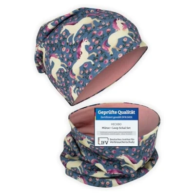 Abbildung von HECKBO Kinder Beanie Mütze &amp; Schal Schlauchschal Set Jersey innen Wendebar Pferd Mädchen Jungen Junge 95% Baumwolle