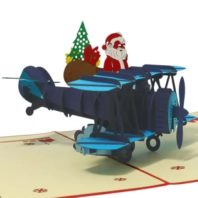 Abbildung von LIN17660, Pop Up 3D Karte Weihnachten, Grußkarten Weihnachtskarten, Weihnachtsmann im Flugzeug, N455