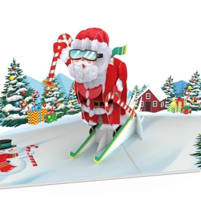 Abbildung von papercrush® Pop Up Karte Weihnachtsmann auf Skiern Lustige 3D Weihnachtskarte für Männer (Ehemann, Freund, Papa), Frohe Weihnachten Skifahrer als Geldgeschenk, Reisegutschein Skiurlaub