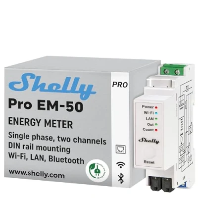Abbildung von Shelly Pro EM 50A Wi Fi &amp; Bluetooth Energiezähler mit Schützsteuerung Leistungsmessung Hausautomation Kompatibel Alexa Google Home iOS Android App Kein Hub nötig