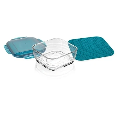 Abbildung von Genius Nicer Dicer Chef Professional frischhaltebox Glasschüssel mit Deckel Set 3 tlg. Zubehör, 2.8 L Fassungsvermögen, inkl. Silikonmatte, Anti Rutsch Matte, Auflaufschale, Backofenfest