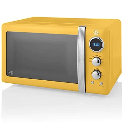 Abbildung von Swan Retro SM22030YELNEU Digital Mikrowelle 20L, 5 Leistungsstufen, Auftaufunktion, 60 Minuten Timer, Tür mit Spiegeleffekt, 27cm Drehteller, Vintage Design, Gelb, 800W