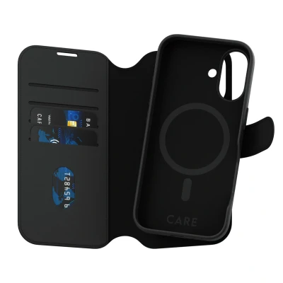 Abbildung von Apple iPhone 16 Hülle MagSafe Kunstleder PanzerGlass Klapphülle/2 in 1 Case Handyhülle Schwarz Shockproof/Stoßfest