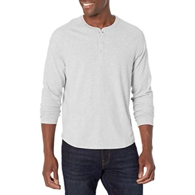 Abbildung von Amazon Essentials Herren Henley Shirt mit langen Ärmeln und normaler Passform (erhältlich in Übergrößen), Hellgrau Meliert, S