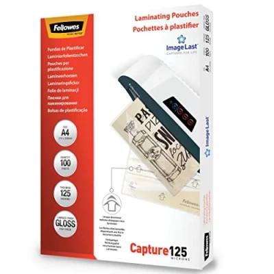 Abbildung von Fellowes Laminierfolien A4 ImageLast, 125 Mikron (2 x Mikron), 100 Stück, transparent mit Ausrichtungshilfe. Ideal für Fotos und Informationshinweise optimalem Kontrast