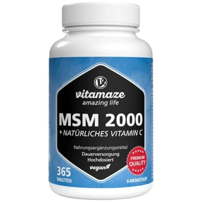 Abbildung von MSM 2000 mg + natürliches Vitamin C, 365 vegane Tabletten für 6 Monate, hochdosiert, 99,9% reines Methylsulfonylmethan, Nahrungsergänzung ohne Zusätze, Made in Germany