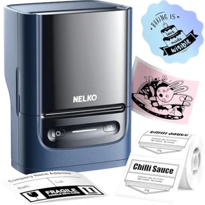 Abbildung von Nelko PM220 Etikettiermaschine mit Band, Bluethooth Etikettendrucker, 5 cm, tragbarer Thermodrucker für Kleinunternehmen, Adresse, Logo, Kleidung, Aufkleberdrucker Telefone und PC, Blau