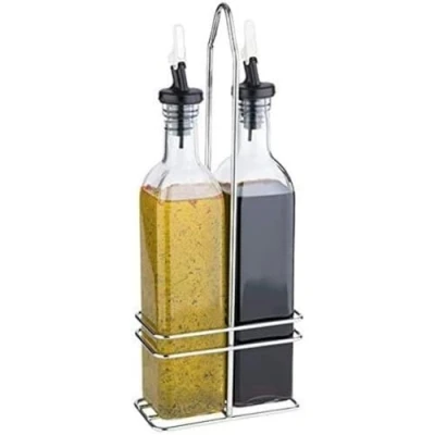 Abbildung von APS, Essig &amp; Öl Menage, Glasbehälter mit Deckel und tropffreiem PE Ausgießer, Menage Set für Öl, Glasmenage, 34 cm Höhe je 0,50 Liter