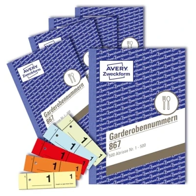 Abbildung von AVERY Zweckform 867 5 Garderobennummern (A6, 2.500 durchnummerierte Abrisse von 1 500 pro Block, je 100 Stück in einer anderen Farbe, Blöcke mit Nummern) gelb, orange, rot, blau, grün