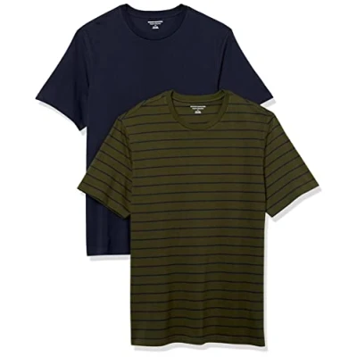 Abbildung von Amazon Essentials Herren Kurzärmeliges T Shirt mit Rundhalsausschnitt aus Baumwolle Regular Fit, 2er Pack, Marineblau/Olivgrün Streifen, L