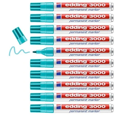Abbildung von edding 3000 Permanentmarker türkis (blau) 10 Stifte Rund Spitze 1,5 3 mm schnell trocknender Permanent Marker wasserfest, wischfest für Karton, Kunststoff, Holz, Metall Universalmarker