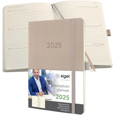Abbildung von SIGEL C2530 Terminplaner Wochenkalender 2025, ca. A5, taupe, Softcover, 192 Seiten, Gummiband, Stiftschlaufe, Archivtasche, aus nachhaltigem Papier, Conceptum
