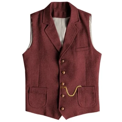 Abbildung von Tuikayoo Herren Western Herringbone Tweed Anzug Weste Wolle Slim Fit (Burgundisch,3XL)