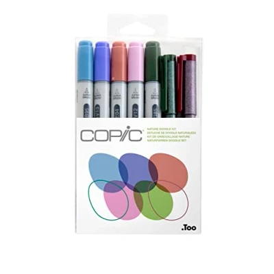Abbildung von COPIC Ciao Set &quot;Nature Doodle Kit&quot;, 7er mit 5 Twin Marker einer mittelbreiten und Brush Spitze inkl. 2 Multiliner Wine Olive 0,3 mm