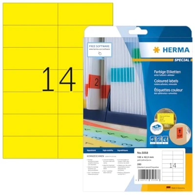Abbildung von HERMA 5058 Farbige Etiketten gelb ablösbar, 20 Blatt, 105 x 42,3 mm, 14 pro A4 Bogen, 280 Stück, selbstklebend, bedruckbar, matt, blanko Papier Farbetiketten Aufkleber