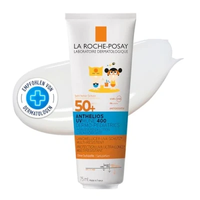 Abbildung von La Roche Posay Sonnenmilch Für Kinder Mit LSF 50+, atopische, empfindliche Haut, Mexoryl 400 und Antioxidantien, Wasser , schweiß sandabweisend, UVMune400 Kids, Anthelios DP, 75 ml