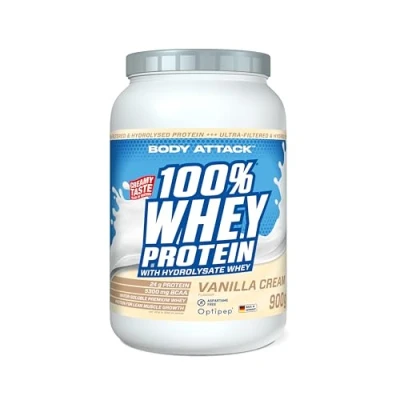 Abbildung von Body Attack 100% WHEY PROTEIN Vanilla 900g Made in Germany Extra cremiges Eiweißpulver mit Hydrolysat &amp; BCAA&#039;s, unterstützt Muskelaufbau und Diäten