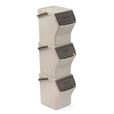Abbildung von TATAY Satz von 3 modularen und stapelbaren Abfallbehältern. 20 l Kapazität pro Behälter, Polypropylen, farbige Deckel mit Scharnieröffnung. Breite Frontöffnung. Tragebügel. Beige. 36 x 35 27 cm.